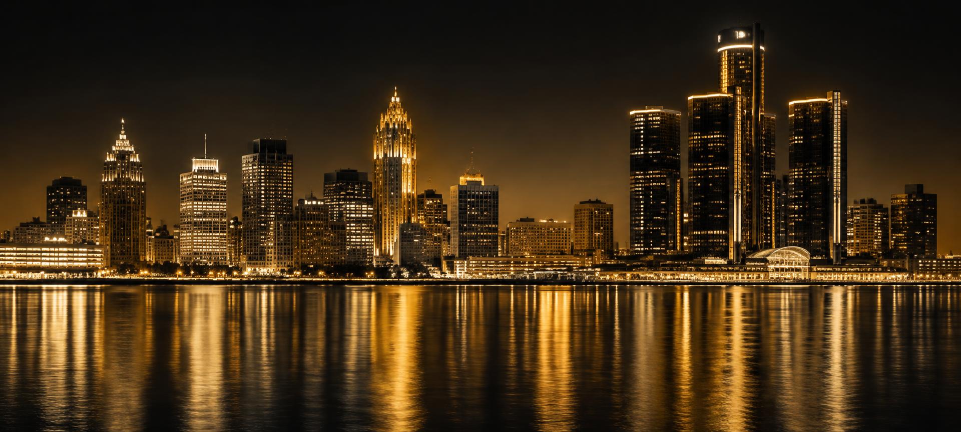 Detroit skyline at dusk seen across the river, the host city for McLendon Honors in 2027