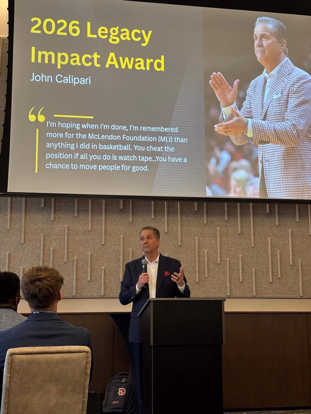 John Calipari accepting the 2026 Legacy of Impact Award at the McLendon Secret Summit